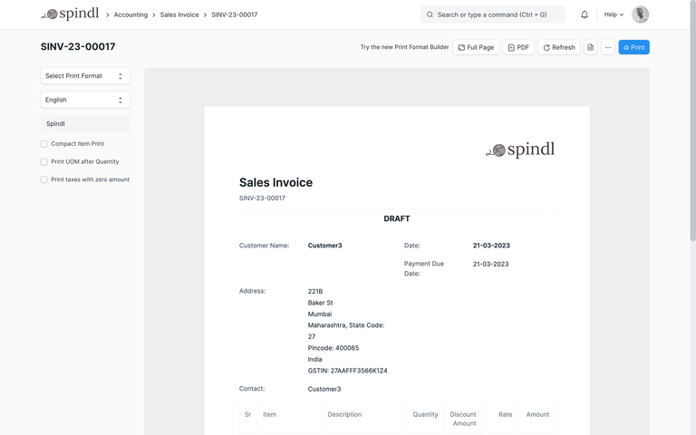 ERPNext sales invoice screen